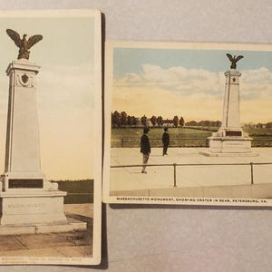 Monumento de Massachusetts, mostrando a cratera ao fundo, Petersburg, Virgínia, cartões postais ilustrados coloridos vintage, conjunto de 2 cartões postais, marco