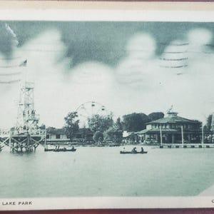Clementon Lake Park, Clementon New Jersey, cartolina illustrata a colori d'epoca, timbro postale del 1939, attrazione sul lago, ruota panoramica