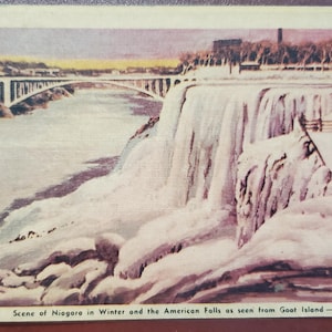 Cataratas del Niágara en invierno, Cataratas americanas, Goat Island, postal vintage ilustrada en color, matasellos de 1953, correspondencia de viaje