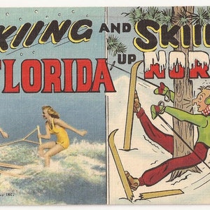 Skifahren in Florida und Skifahren bis Norden, Vintage Postkarte, dumm efunny Caption, klassische Leinen Postkarte mit lustigen Illustration