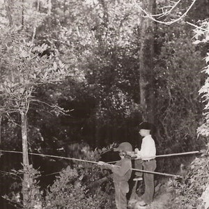 Fishing Time, Vintage Photograph, Black and White Photo, Vernacular Snapshot, Brother and Sister, Fishing in the Woods, Family, Summer