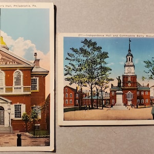 Independence Hall y Carpenter's Hall, Filadelfia, postales antiguas con ilustraciones en color, edificios históricos famosos, arquitectura