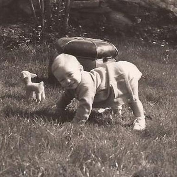 Baby with Lammie on the Lawn, Vintage Photograph, Black and White Snapshot, Baby Learning to Stand Walk, Toy Lamb, Summertime Scene