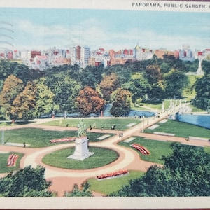 Panorama, Giardino pubblico, Boston Massachusetts, Cartolina illustrata a colori d'epoca, Timbro postale 1941, Corrispondenza di viaggio, Vista aerea