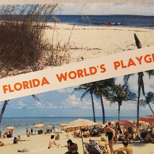 Saludos desde Florida, el patio de recreo del mundo, postal con foto antigua en color, correspondencia de viajes y vacaciones, playas de Florida, diversión bajo el sol