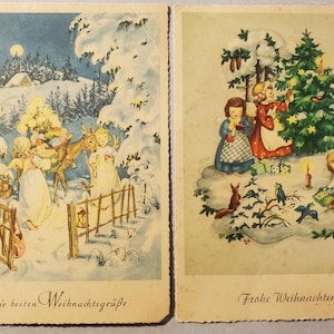 Urlaub Weihnachten Gruß Postkarten, 2er-Set, Vintage deutsche Postkarten, Kinder, Engel, Weihnachtsbäume, verschneite Ferienzeit