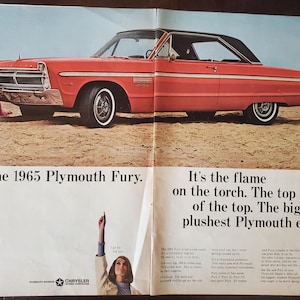 1965 Plymouth Fury 2-Page Original Magazine Car Advertisement, Vintage Ad, Paper Ephemera, Man Cave Décor, Ready to Frame, Full Color Ad