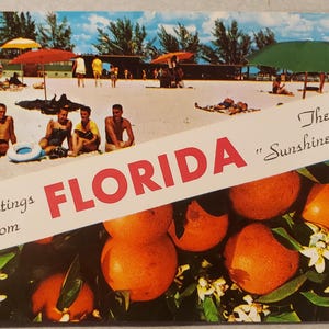 Floride, The Sunshine State, carte postale photo couleur vintage, oranges, s'amuser au soleil sur la plage, amateurs de plage, voyage vacances correspondance