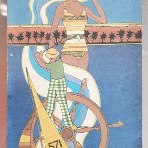 May include: A vintage travel poster for Florida with a woman in a swimsuit standing on a beach with palm trees. The poster has a blue background with a yellow and orange sunset in the background. The text "OFFICIAL TRANSPORTATION MAP FLORIDA" is at the top of the poster. The text "FOR FREE DISTRIBUTION" is at the bottom of the poster.