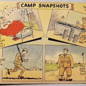 Instantáneas de campamento, Postal vintage de humor militar, Ilustración en color, Dibujos animados sobre la vida del ejército militar, Este es el tipo, Matasellos de 1940