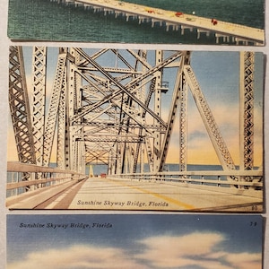 Juego de 3 postales vintage ilustradas a color nunca utilizadas del puente Sunshine Skyway, destino de vacaciones y viajes a Florida