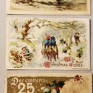 Três cartões postais de Natal vintage da década de 1910, conjunto de cartões postais vintage, cenas de Natal, em relevo