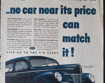 Ford De Luxe V-8 Sedán Ford 1940, Anuncio original de revista, Anuncio vintage, Papel efímero, Decoración para el hogar, Listo para enmarcar