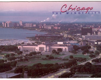 Chicago Illinois, McCormick Place with Museum of Natural History, Vintage Postcard, Rainy Street Scene, Travel Souvenir, Vacation, Aerial