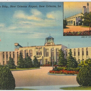 Aeropuerto de Nueva Orleans, Edificio de Administración y Hangar, Postal Ilustrada Vintage, Recuerdo de Viaje, Aviación, Aeropuerto Terrestre y Hidroavión