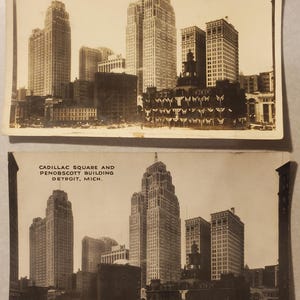 Cadillac Square and Penobscott Building, Old Detroit Michigan, Set of 2 Vintage Black and White Photo Postcards, Cityscape, Architecture