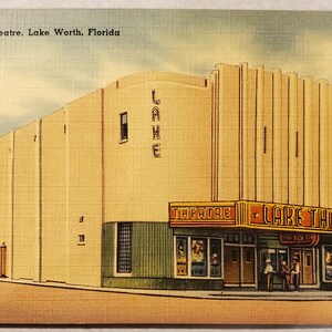 Lake Theatre, Lake Worth Florida, cartolina illustrata a colori d'epoca di un teatro storico, mai usata o timbrata, cinema