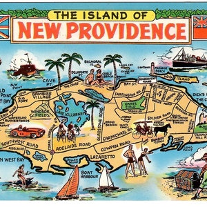 Île de New Providence, carte postale vintage, souvenir de voyage, destination de vacances, carte illustrée en couleur de l’île, sites et scènes