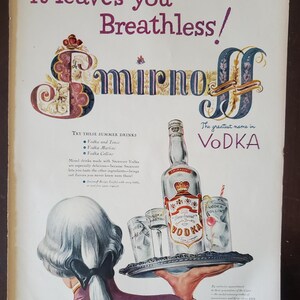 Smirnoff Vodka, Leaves You Breathless, Vintage Magazine Advertisement, Home Décor, Bar Mancave Décor,  Classic Cocktails