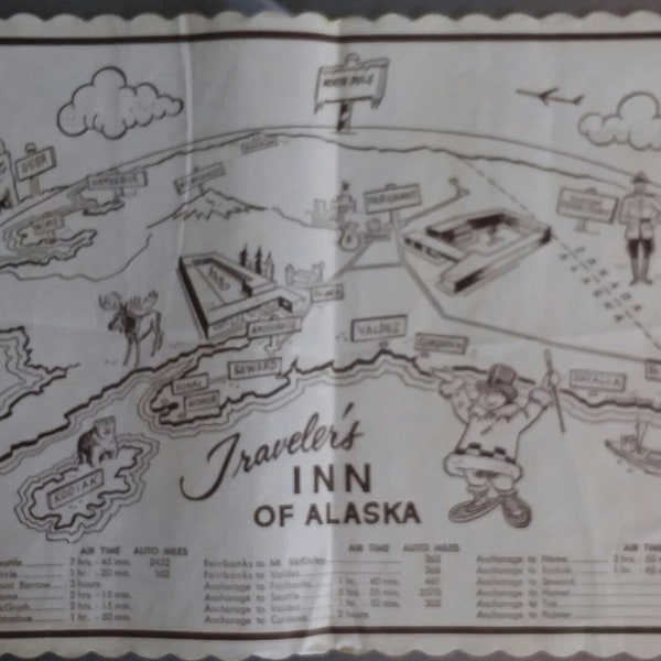 Traveler's Inn of Alaska Restaurant Paper Placemat, Vintage Paper Ephemera, Map of Alaska, Air Time, Auto Miles, Famous Cities of Alaska