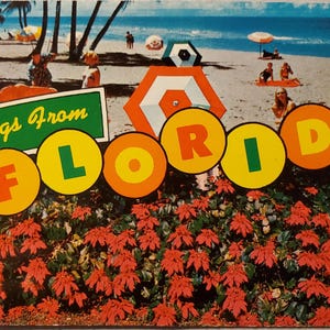 Saudações da Flórida, Cartão postal vintage com foto colorida, Cena de praia com guarda-sóis e banhistas, Viagem de férias, Lembrança, Correspondência