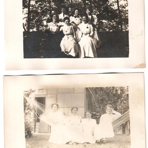 Girl Group, Vintage 1900 Photo Postcards, Set of Two featuring with Two Groups of Girl, Young Women in a Hammock, Young Ladies in the Woods