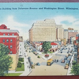Edifício New Nemours, Avenida Delaware, Rua Washington, Wilmington, Delaware, Cartão postal ilustrado colorido vintage, Arquitetura, 1951