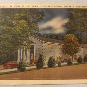 Night Time Scene of Auditorium, Ridgecrest Baptist Assembly, Ridgecrest North Carolina, Vintage Color Illustrated Postcard, 1950 Postmark