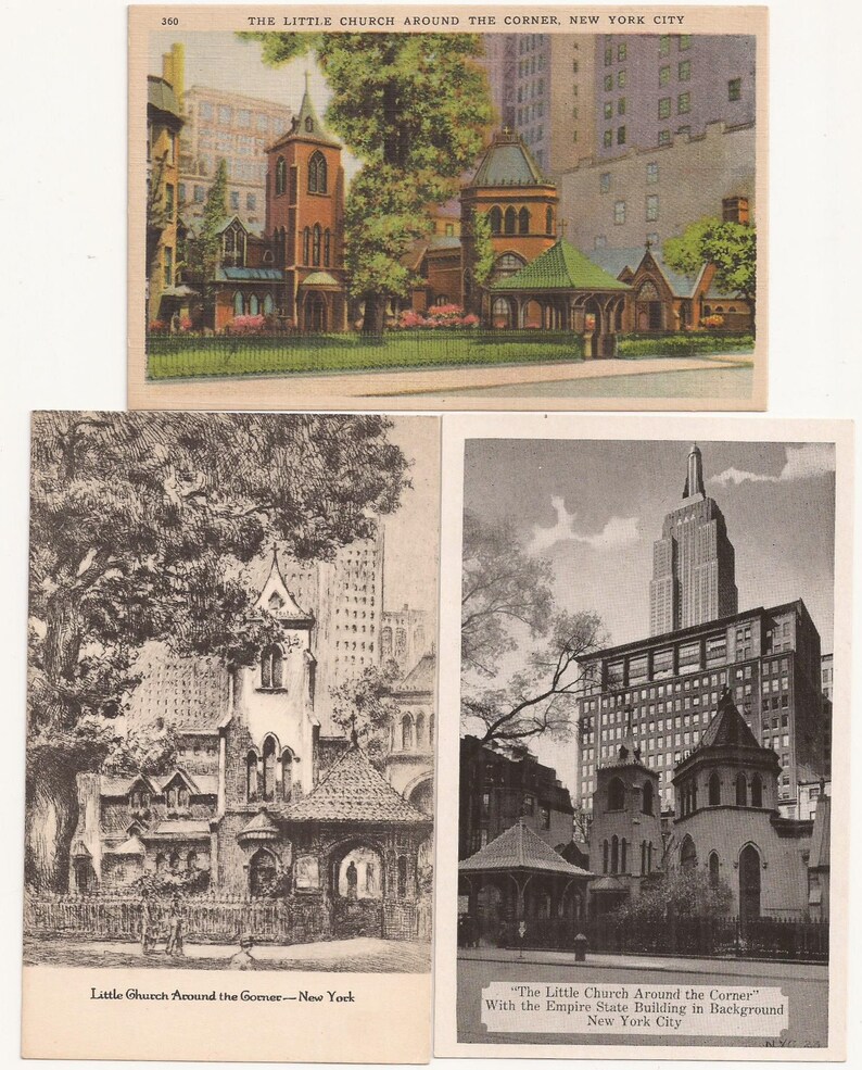 The Little Church Around the Corner, New York City Postcard Set, Vintage Postcard, Illustrated Postcard, Picture Card, Color, Black White image 1