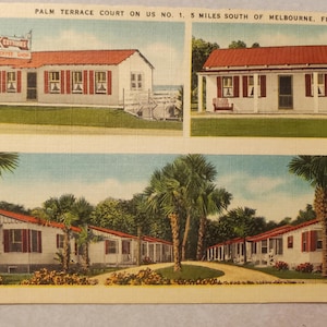 Palm Terrace Court na US No. 1, Melbourne, Flórida, Cartão postal de linho ilustrado em cores vintage da antiga Flórida, Destino de viagem, Hotel Motel