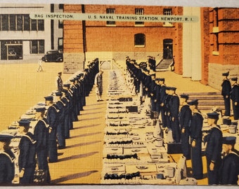 U.S. Naval Training Station Newport Rhode Island, Vintage Color Illustrated Postcard, Bag Inspection,  "Navy is the Life"