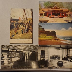 Colección de postales japonesas antiguas, conjunto de cinco tarjetas, fotografías en blanco y negro, ilustración en color, viajes internacionales