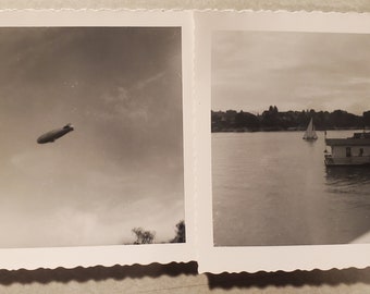 Segelboot und Luftschiff, Vintage-Schwarzweißfotos, einheimische Bilder, Seattle 1953, Urlaubsfotos, Schnappschüsse