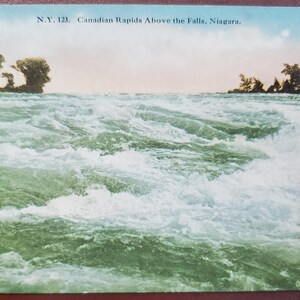 Rápidos canadienses sobre las cataratas, Cataratas del Niágara, Postal ilustrada en color vintage, Lago Erie, Destino turístico, Recuerdo de vacaciones