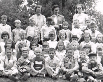 Class Photo with Goofy Kid in Front Row, 1957 Photo, Vintage Black and White Image, Teachers Students, School Event, Dressed up Kids