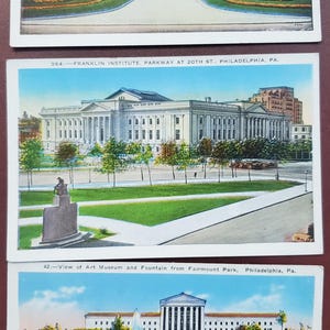 Philadelphia Pennsylvania Wahrzeichen Gebäude, Kunstmuseum, Girard College, Franklin Institute, Vintage Farbe illustrierte Postkarten-Set
