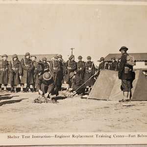 Cartões postais com fotos vintage da Primeira Guerra Mundial, estação de treinamento Fort Belvoir Virginia, cartão postal com fotos preto e branco do exército militar, carimbo postal de 1912