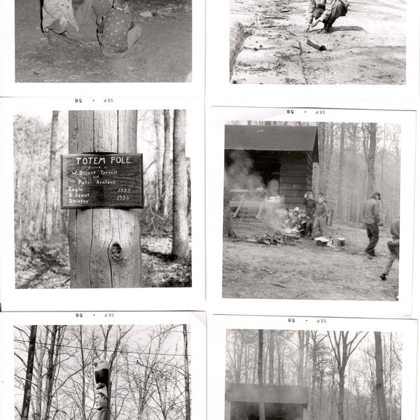 Boy Scout Camp, Totem Pole, Camping, Vintage Photographs, Set of 9 Images from a Eagle/Boy Scout Overnight Camp