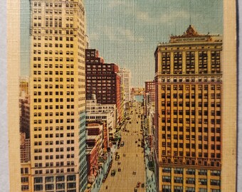 Woodward Avenue, Detroit, Michigan, Vintage Color Illustrated Postcard, Postmarked 1941, Detailed City Street Scene