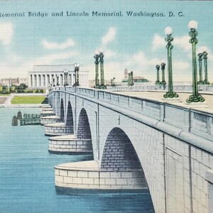 Arlington Memorial Bridge, Lincoln Memorial, Washington DC, cartolina illustrata a colori d'epoca, timbro postale del 1944, monumenti degli Stati Uniti