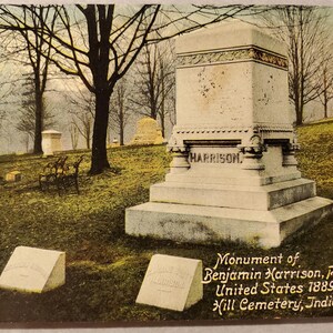 Monumento a Benjamin Harrison, presidente de los Estados Unidos, postal antigua con foto en color, monumento histórico, matasellos de 1910, Indiana