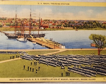 U.S. Naval Training Station, U.S.S. Constellation at Wharf, Newport, Rhode Island, Vintage Color Illustrated Postcard, 1944 Postmark