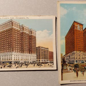 El hotel Benjamin Franklin, dos vistas, Filadelfia, postal antigua ilustrada en color, nunca utilizada, arquitectura histórica