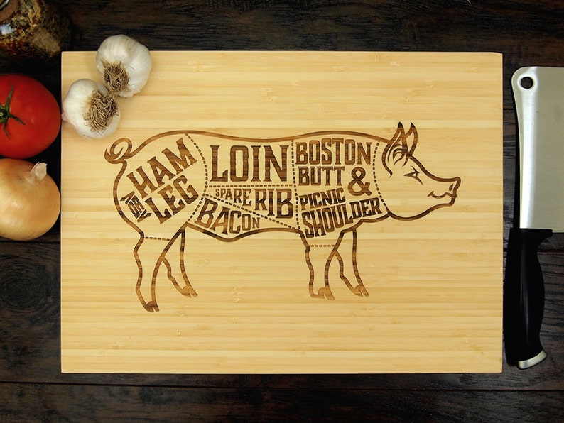Pig Diagram Meat Cleaver Chef Gift Butchers Block Foodie Gift Rustic Serving Tray Trending Now