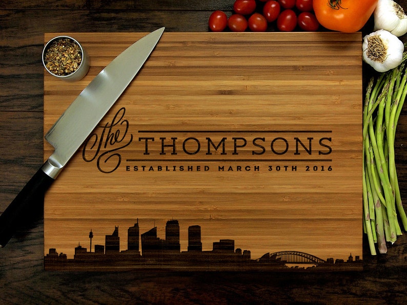 Personalized Cutting Board Custom Wedding Gift Anniversary Sydney Australia Skyline Housewarming Bridal Shower Family