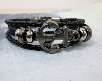 Nautical anchor bracelet, mens leather bracelet, black leather wrist cuff, braided bracelet, anchor gift, anchor jewelry, nautical gifts