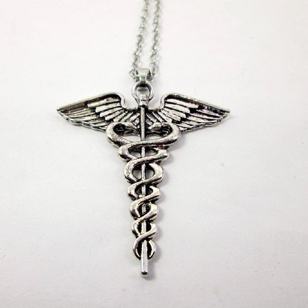 Silver medical caduceus necklace, medical symbol necklace for men or women, gift for doctor, nurse, medical staff or health science student