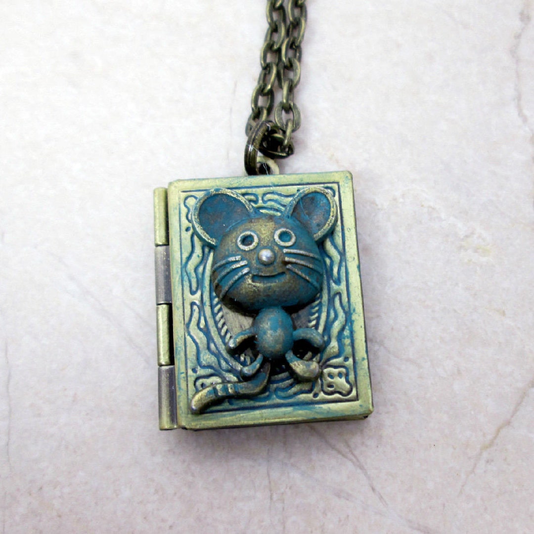 Mouse Locket Necklace, Small Book Shaped Locket, Memorial Keepsake Book ...
