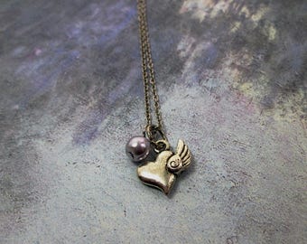 Angel heart with wing necklace, tiny silver angel wing heart necklace, flying heart necklace, meaningful gift for daughter, best friend