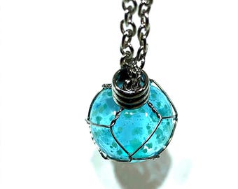 Blue glowing crystal ball necklace, wire wrapped crystal orb pendant necklace, luminous crystal sphere necklace, glow in the dark jewelry.